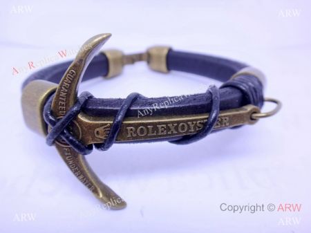 Replica Rolex Anchor Bracelet: Black Leather with Copper Anchor